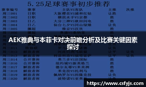 AEK雅典与本菲卡对决前瞻分析及比赛关键因素探讨